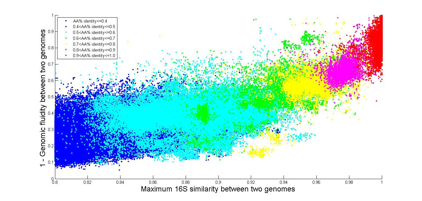Genomic Fluidity vs. Maximum 16S simliarity between 2 genomes